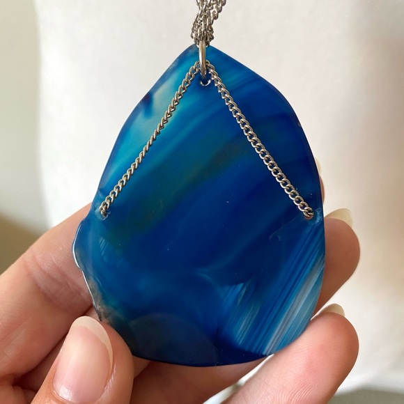 Boho Agate Long Chain Pendant Necklace, Blue - Picture 3 of 4
